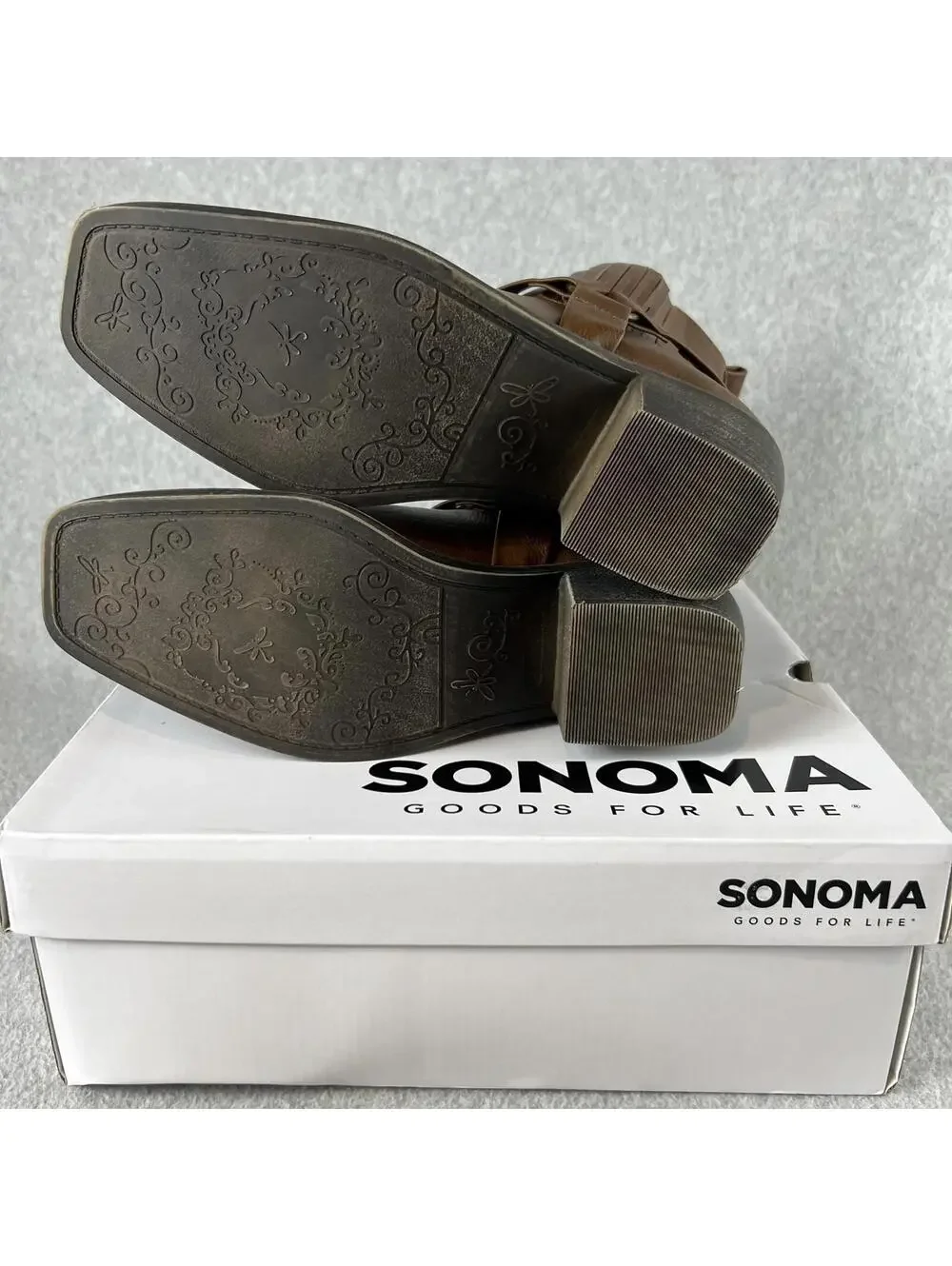 Sonoma Western Ankle Boots Womens Size 6.5 Block Heel Brown Faux Leather New
